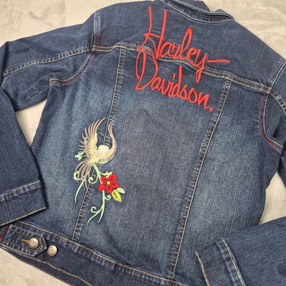 Harley-Davidson Jackets & Blazers - Harley Davidson Womens M Denim Jacket Embroidered Eagle Floral Biker Motorcycle